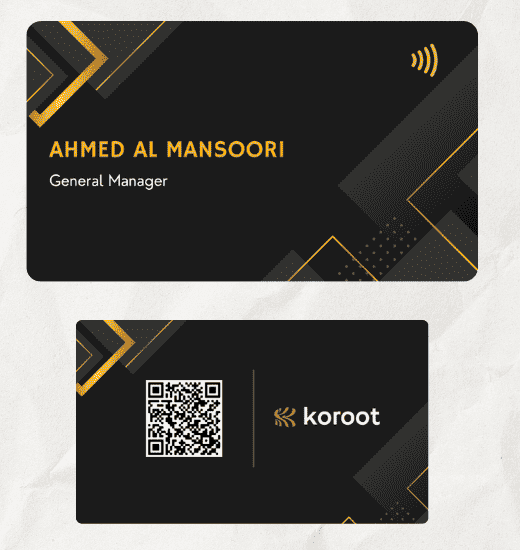 Front and back of a custom-printed black and gold NFC business card with a QR code and the Koroot logo