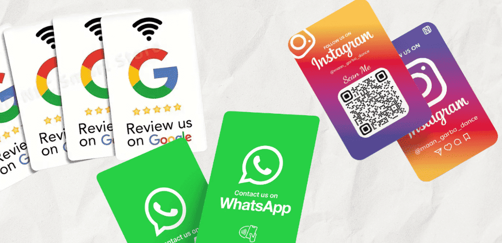 A spread of NFC cards for Google reviews, WhatsApp contact and Instagram follows